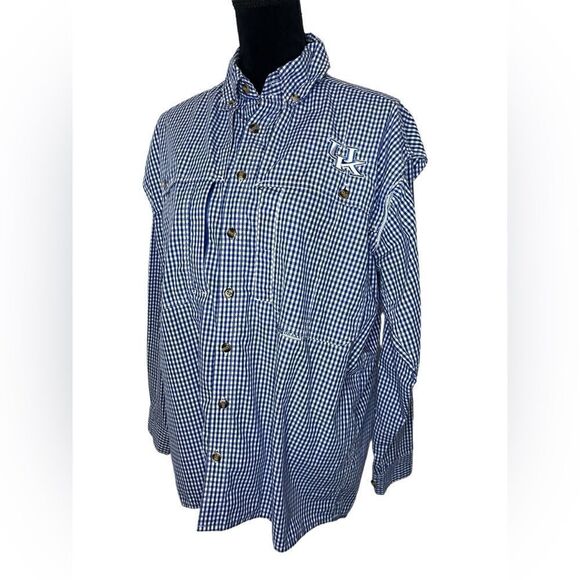DRAKE UNIVERSITY OF KENTUCKY BLUE CHECKERED BUTTON UP WINGSHOOTERS SHIRT SIZE S - Picture 6 of 11